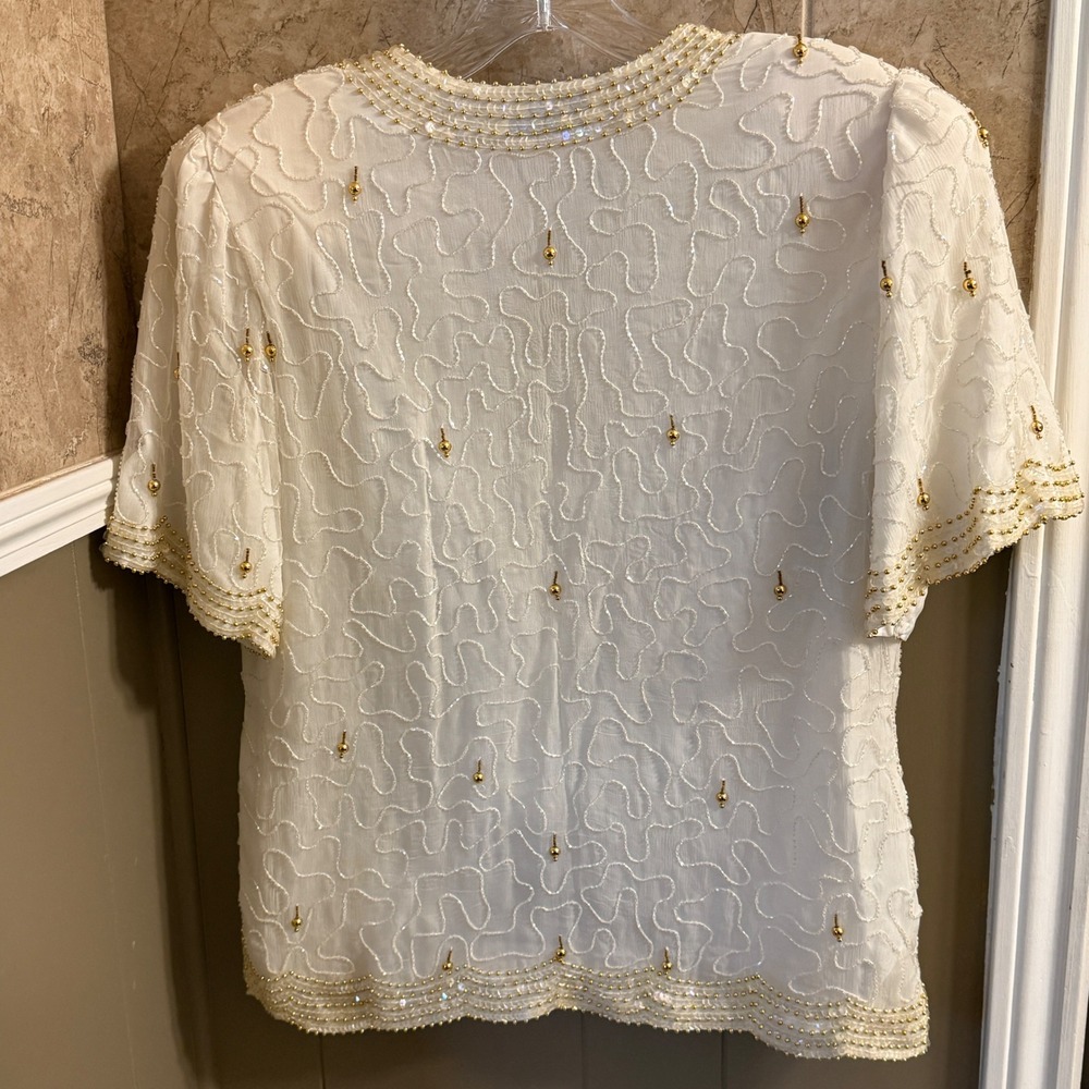 Vintage Laurence Kazar White Silk Beaded Sequined Top Party Blouse Women's Sz M - Picture 2 of 3